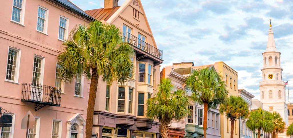 Colorful historic buildings in downtown Charleston